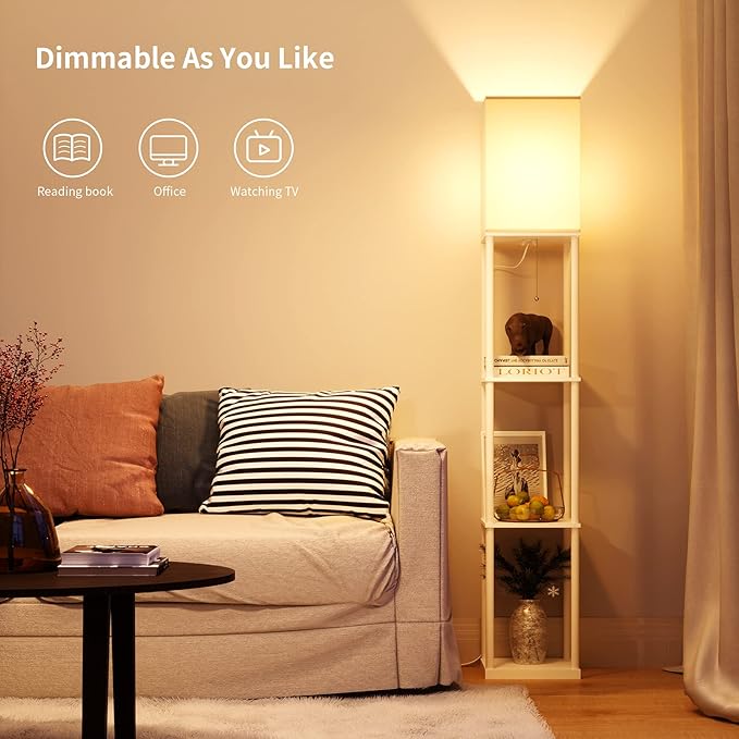 SUNMORY Floor Lamp with Shelves, Standing Lamps for Living Room, White | 3 CCT LED Bulb Include, 4-Tier Display Bookshelf, 63" Tall Corner Shelf Lamp, Modern Style for Bedroom, Office, Home Decor