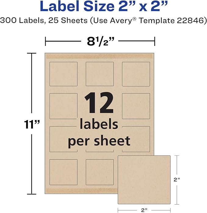 Avery Kraft Brown Square Labels with Sure Feed Technology, 2" x 2", Print to the Edge, Laser/Inkjet Printable Labels, 300 Total (22846)