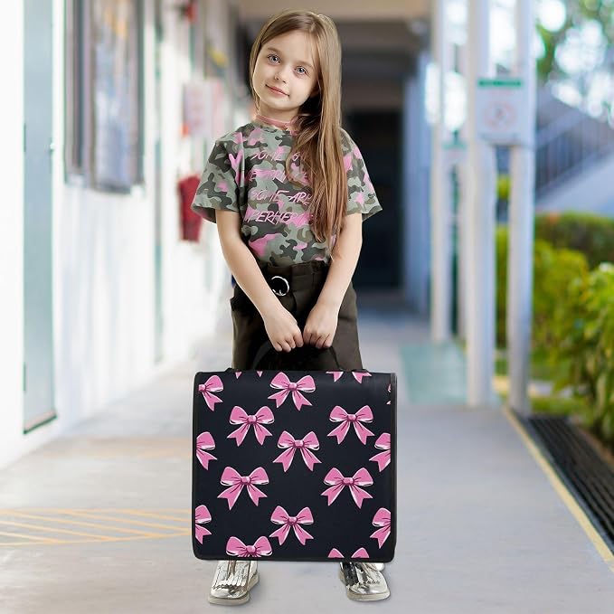 3 Ring Zipper Binder with Shoulder Strap Pink Bow Tie Black 2 Inch Zippered Binder Bag 500 Sheet Capacity Multi Pockets for School Supplies