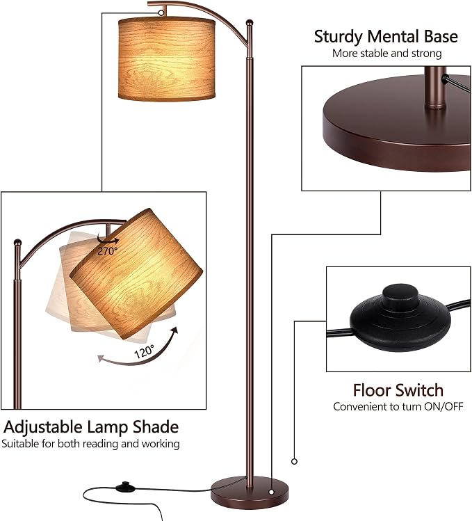 Floor Lamp for Living Room, LED Standing Lamp Tall Industrial Floor Lamp Reading for Bedroom, Office (9W LED Bulb, Wood Grain Lampshade Included) - Oil-Rubbed Bronze