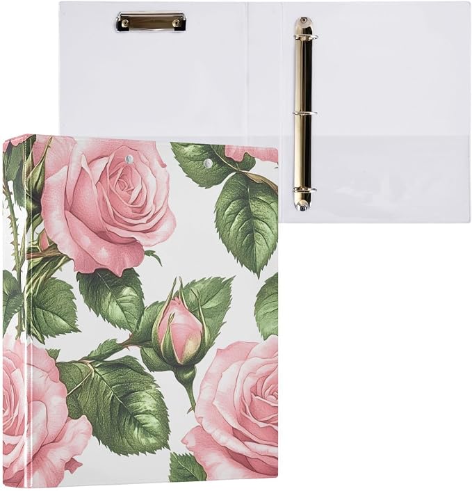 3 Ring Binder Pink Rose Floral Green Leaves 1.5 inch Binders Three Ring Binders with Clipboard Fit 8.5'' x 11'' Paper 3 Interior PVC Clear Pockets for Office Supplies