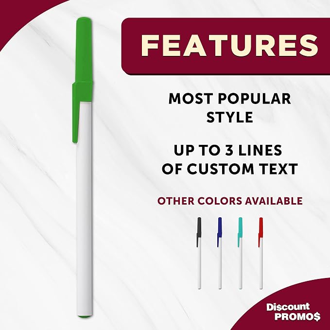 DISCOUNT PROMOS Value Stick Pens Set of 10, Bulk Pack - Black Ink, Great for Office, School, Business, Tradeshows, Events - Green