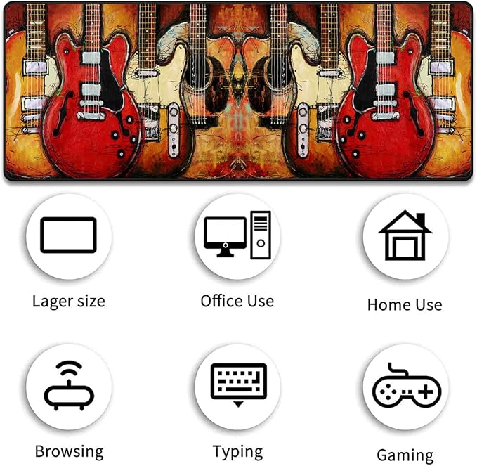 Extended Gaming Mouse Pad Desk Pad Keyboard Pad, Mouse Wrist Rest and Coaster, Anti-Slip Rubber Base Mouse Pad, Suitable for Gaming and Office, Guitar