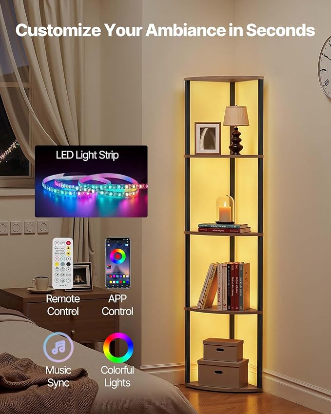 VEVOR 5 Tier Corner Shelf with LED Light, 64" Tall Corner Bookshelf with Storage Shelves for Collectibles, Display Shelf with Multi-Color Lights Controlled Via RC/APP for Bedroom, Living Room, Office