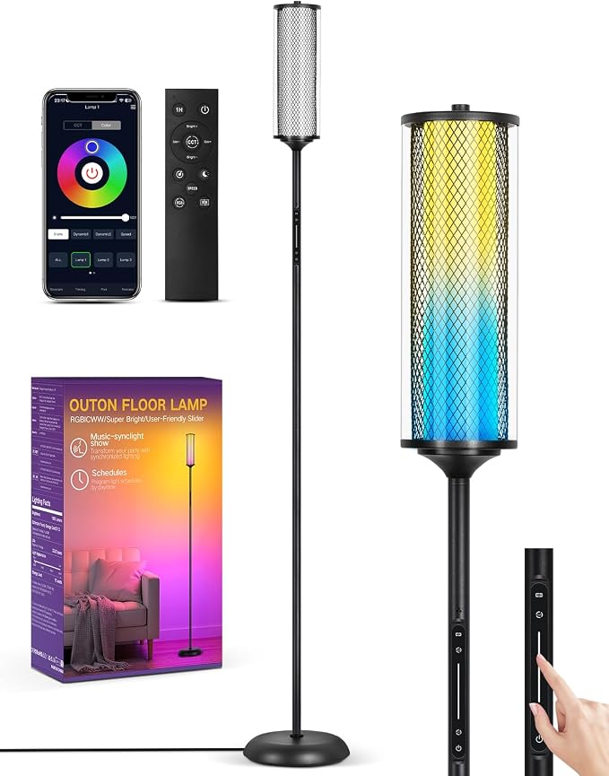 OUTON Bright Smart Floor Lamp with Remote, App & Touch Control, RGB Color Changing Standing Lamp, 2200K-6500K Dimmable, 3 Adjustable Heights, 32 Scenes for Living Room Bedroom Office,Black & Glass