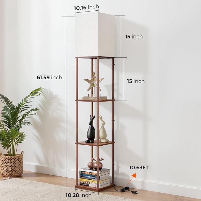 Floor Lamp with Shelves, 3-Tier Modern Square Bookshelf Standing Lamp Brown | 3 Color Temperature Bulb Included, Pull Chain Tall Lamp for Living Room Bedroom Corner Office Apartment Decor