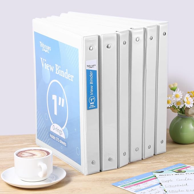 6 Pack 3 Ring Binder, 1 Inch Binder, Round Ring Binders | 2 Interior Pockets & Clear View Overlay, Customizable Cover, Large Capacity, for Office Supplies, School, Home - White