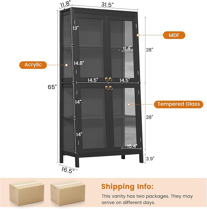 kepptory 65" Glass Display Cabinet with LED Light, Trapezoidal Display Case with 4 Tempered Glass Doors, Curio Storage Cabinet for Collectibles, Figures, Awards, Book and Toy (Black)