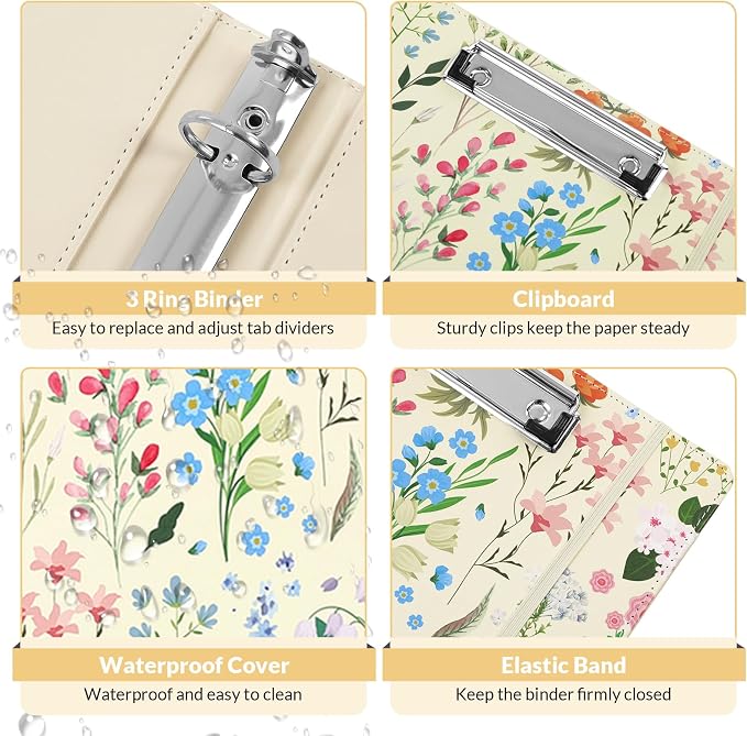 SKYDUE 1 Inch 3-Ring Binder with Clipboard, PU Aesthetic Binder with 5 Dividers, Notepad, Stickers & Pockets for Work and School (Letter Size)