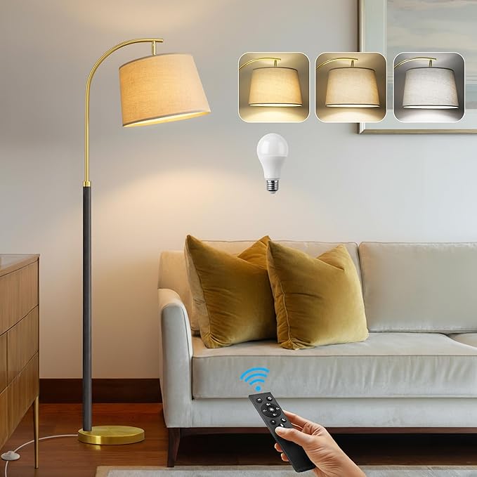 G-SAFAVA Real Wood Floor Lamps for Living Room Bedroom, 62.5" Mid Century Modern Lamp Gold Standing Tall Arc Lamps with Foot Switch, Floor Lamps for Nursery Office Decor Corner Reading Room Light