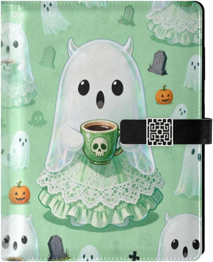 Halloween Ghost Tea Party A5 Binder 6 Ring Refillable PU Leather Notebook Journal with Magnetic Buckle Closure Loose Leaf Travel Office Planner Budget Binder Notepad Portfolio, Cute