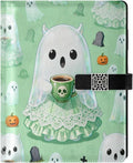 Halloween Ghost Tea Party A5 Binder 6 Ring Refillable PU Leather Notebook Journal with Magnetic Buckle Closure Loose Leaf Travel Office Planner Budget Binder Notepad Portfolio, Cute