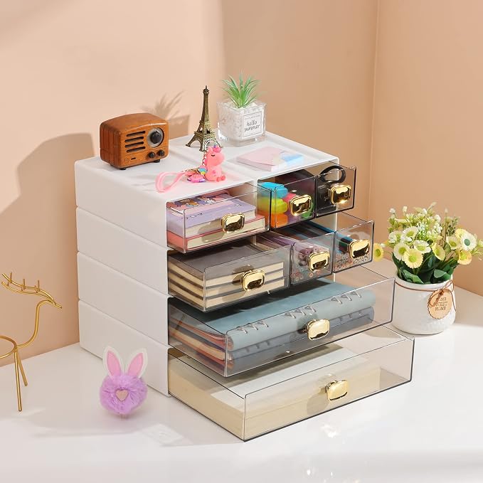 Desktop Storage Drawers, Stackable Countertop Organizer with Drawers | White 1 Mid & 2 Small Drawers for Office Supplies, Makeup Organizer, Tabletop Pen Holder, Desk Organization, Teacher Toolbox