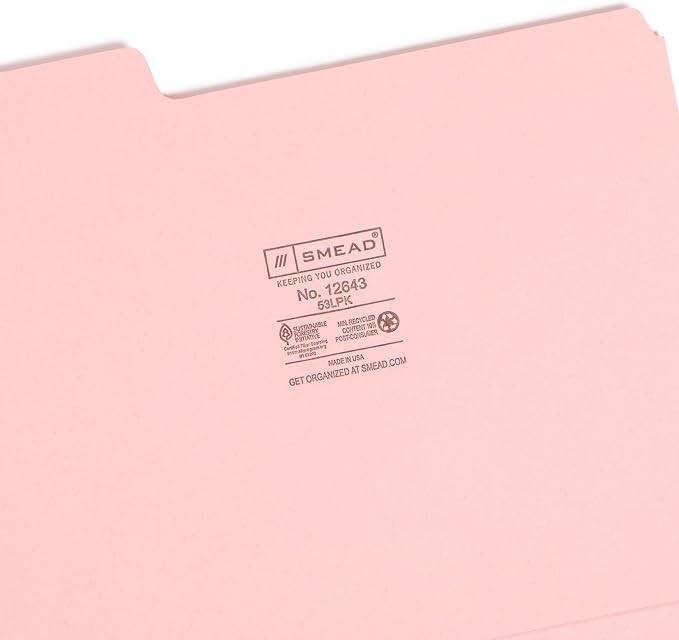 Smead Standard File Folders, 100 Count, Pink, 1/3-Cut Tabs, Letter Size (12643)