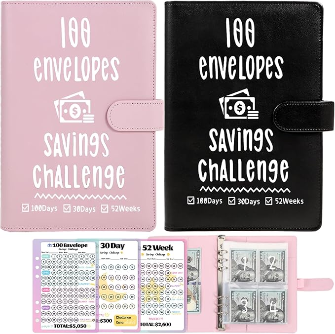 2 Pack 100 Envelopes Money Saving Challenge, Cash Budget Planner A5 Binder | Savings Challenges Book Organizer Folder with 3 Tracker to Save $5,050 $2,600 $300, 100 Pre-numbered Pockets, Pink & Black