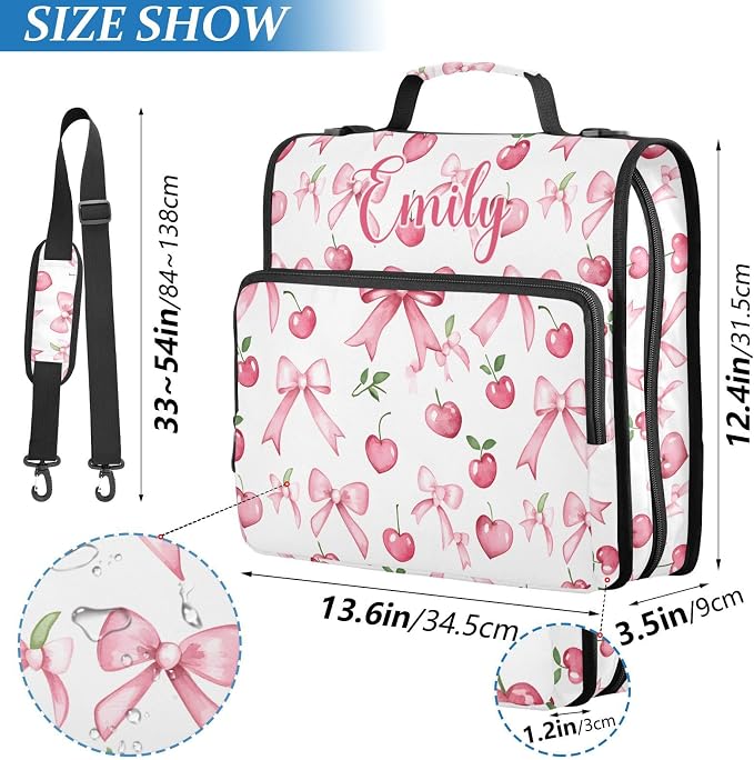 Custom Personalized Name Pink Bow Cherry Leaf Pattern Zipper Binder 3 Ring