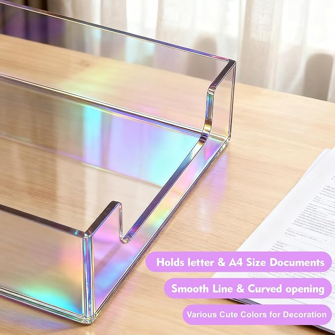 Paper Tray Acrylic File Organizer for Desk Letter Tray Desk Organizer Document Holder Sorter Storage for A4 Office Supplies Magazines, 13.8x10.6x2.4 Inches, Iridescent