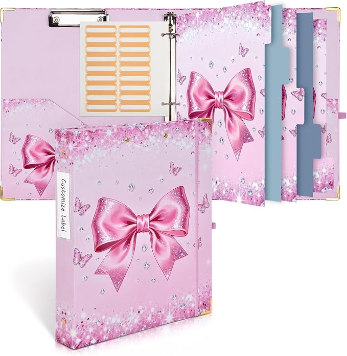 1 Inch 3 Ring Binder with Clipboard, Cute Binder Pink Bow Design, Holds 200 Sheets A4 Letter, Inside Pockets & 5 Tab Dividers, Pretty Classic Pink Binder for School Office Supplies(Pink Diamond Bow)