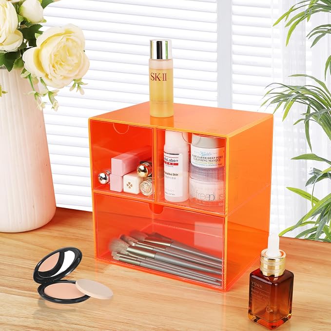 Gelite Desk Organizer with 3 Storage Drawers for Makeup Office Acrylic Desktop Drawer Organizer for Vanity Office Organization and Storage Box, Neon Orange