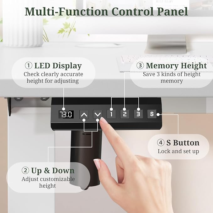 48 x 24 in Electric Standing Desk - Memory Height Adjustable | Ergonomic Sit-to-Stand Rising Computer Table Gaming Workstations with 2 Hooks and Wire Hole for Home Office, White