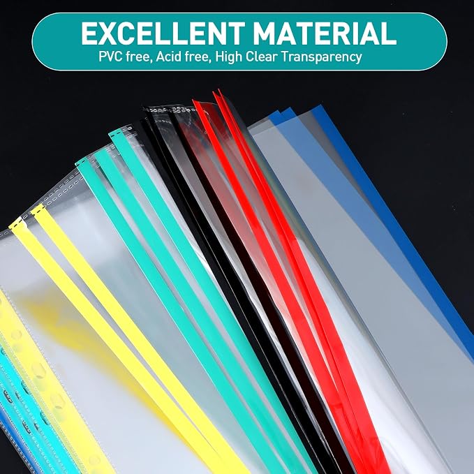 Sheet Protectors, PANDRI 200 Pack Color Heavy Duty Plastic Page Protectors Sheet Reinforced 11-Hole Fit for 3 Ring Binder Fits Standard 8.5 x 11 Paper, 9.25 x 11.25 Top Loaded, Acid Free