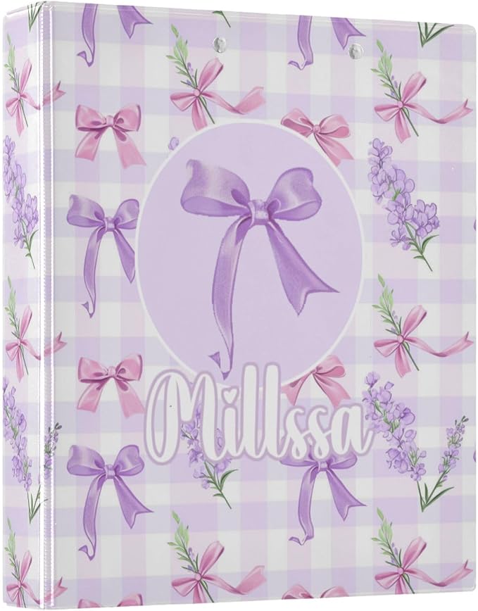 Lavender Ribbon 3 Ring Binder with Clipboard Round Ring Binders Bows Personalized Binder 3 Interior Clear Pockets for Office Supplies 2 Pack