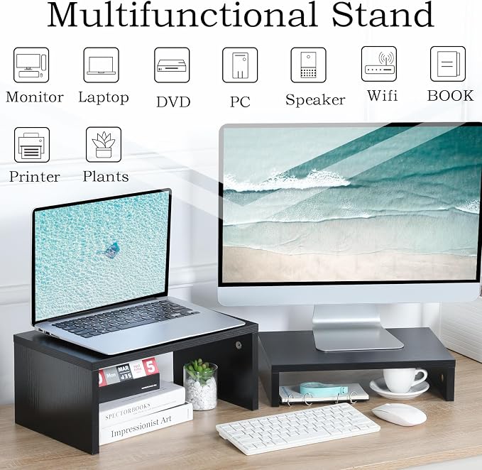 TEAMIX 2-Pack Monitor & Laptop Stand Riser,Wood High-Low Dual Monitor Setup | Black, Stacked/Separate Use, Adjustable Computer Stand for 2 Monitors, Holds 80Lbs, Desk Organizer for Home Office, Gaming