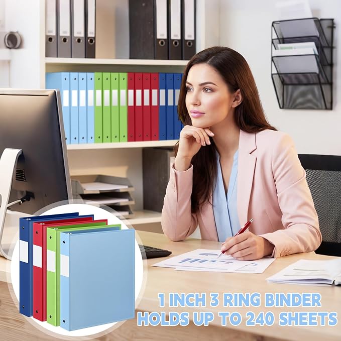Henoyso 1 Inch 3 Ring Binders with Clear Front Cover and 2 Pockets, Round Ring Binders Fits 8.5'' x 11'' Letter Size Paper for School Office Supplies, 12 Pack (Assorted Fresh Color)