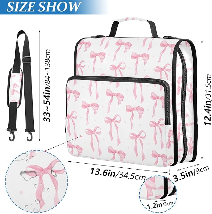 Coquette Ribbon Watercolor Zipper Binder with Shoulder Strap Bag 3 Ring Binder Organizer Large Capacity Multiple Compartments for School Office