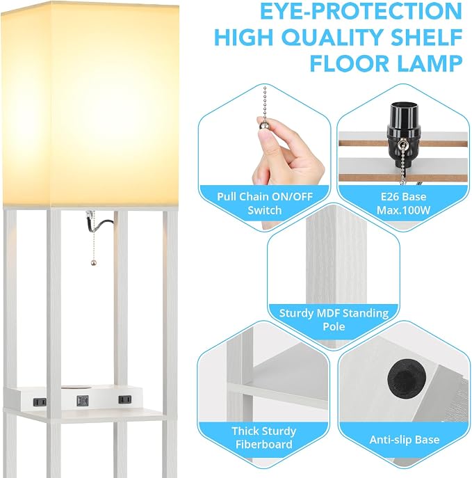 Shelf Floor Lamp with Wireless Charger, USB, Type C, AC Port, Grey | Fast Charging USB Ports & Type C Port & 2 Power Outlets, 3 Tier Storage Shelf Lamp, E26 Base, 60W Max(Bulb Not Included)