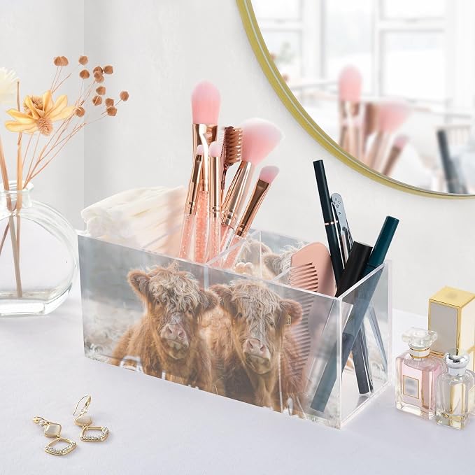 Cattle Highland Cow Acrylic Pen Holder 4 Compartments with Prints, Desktop Makeup Brush Organizer Cutlery Acrylic Organizer Pencil Plastic Organizer Personalized Printed Pen Holder