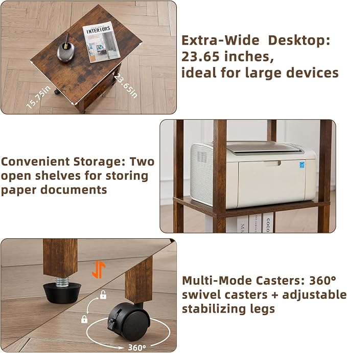 YUFAM 3 Tier Home Printer Stand with Storage, Brown | Wooden Mobile Printer Table Shelf, Rolling Printer Cart Shelf with Lockable Wheels fit Fax Machine, Scanner