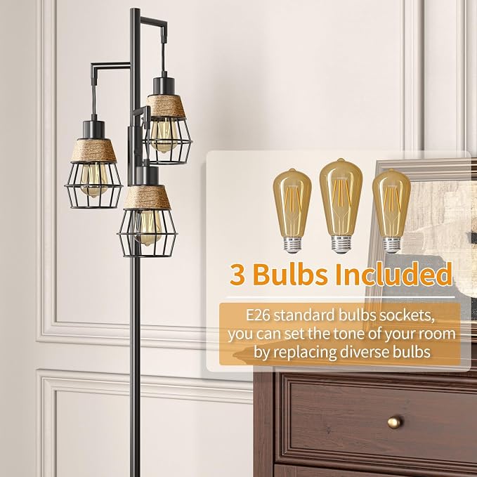 70" Floor Lamps for Living Room, Stepless Dimmable Boho Floor Lamp with 3 Bulbs, Tall Farmhouse Industrial Corner Standing Tree Lamp for Bedroom, Office, Study Room, Dining Room, Black