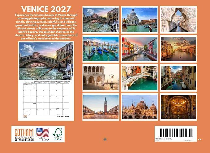 Venice Calendar 2027 Monthly Wall Calender 12 Month