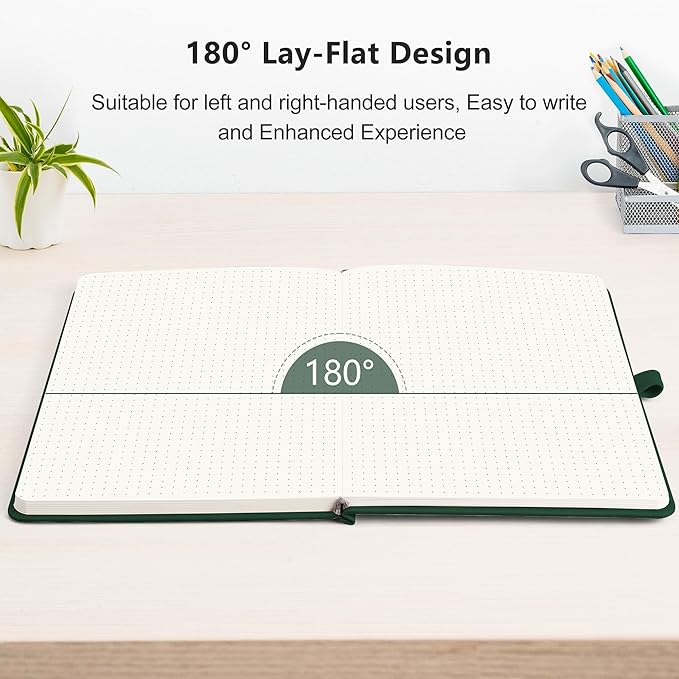 RETTACY Bullet Dotted Journal Notebook, 320 Numbered Pages, A5 Medium Size (5.7'' × 8.3''), Leather Hardcover, 100 GSM Thick Paper, for Bullet Journaling, Planning, Tracking (Dark Green)