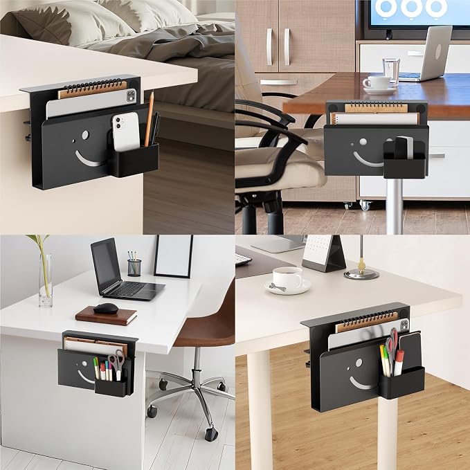 Onemake Desk Side Storage, Funny Smile No Drill Laptop Holder, Clamp on Desks Shelf with Magnetic Pen Holder, Hanging Desk Organizer for Home Office, Fits Flat Edge Tables 0.4" to 2.3"