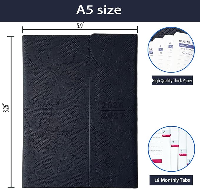 Planner 2026-2027, Weekly Monthly Academic Calendar for Jul 2026 - Dec 2027 [18 Month Agenda], 8.26" x 5.9" Faux Leather Cover + Thick Paper (26-27 Navy Blue)