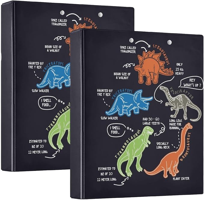 Dinosaur Cartoon Black Decorative 3 Ring Binder 1.5 Inch Large View Binders with Pockets File Organizer for Office College School, 2 Pack