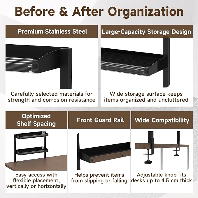 Clamp on Desk Shelf,17'' 2 Tier Office Desk Shelves Organizer with Under-Desk Hidden Storage Basket,Wood Desktop Supplies Storage Rack for Home Workspace, Study Rooms,Gaming Devices (Black)