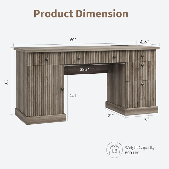 Garvee 60" Office Desk with Storage & Drawers for Home Office, Grey | Fluted Wood Executive Desk with File Drawer & Charging Station, Modern Computer Desk with Adjustable Shelves