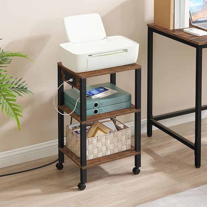 HOOBRO 3-Tier Printer Stand with Charging Station, Under Desk Printer Table, Printer Cart with Storage Shelves, Shelf for Small Spaces, for Home Office, Rustic Brown and Black BF63UPS01