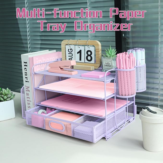 Desk Organizers and Accessories with File Holder, 4-Tier Paper Letter Tray Organiser with Drawer and 2 Pen Holder, Mesh Desktop Document Organizer for Office Supplies, Workspace - Purple