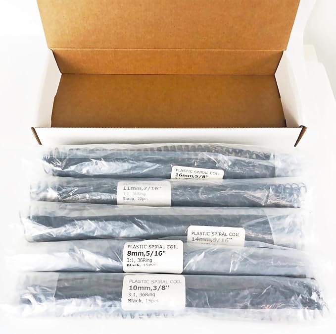 Binditek Plastic Spiral Binding Coils, Multi Size 3:1 Pitch, Black 60 Pack | Multi Size (8mm, 10mm, 11mm, 14mm, 16mm), 36 Loops, for Letter-Size School and Office Projects
