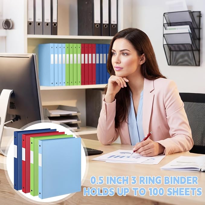 Henoyso 1/2 Inch 3 Ring Binders with Clear Front Cover and 2 Pockets, Round Ring Binders Fits 8.5'' x 11'' Letter Size Paper for School Office Supplies, 12 Pack (Assorted Fresh Color)