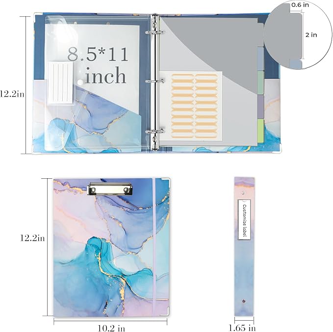 3 Ring 1 Inch Binder Organizer, KLLVE Three Ring Binders with Clipboard, 5-Tabs Pockets Dividers, Plastic Folder, 18 Divider Stikers,Pen Loop (Blue Marble, Letter Size)