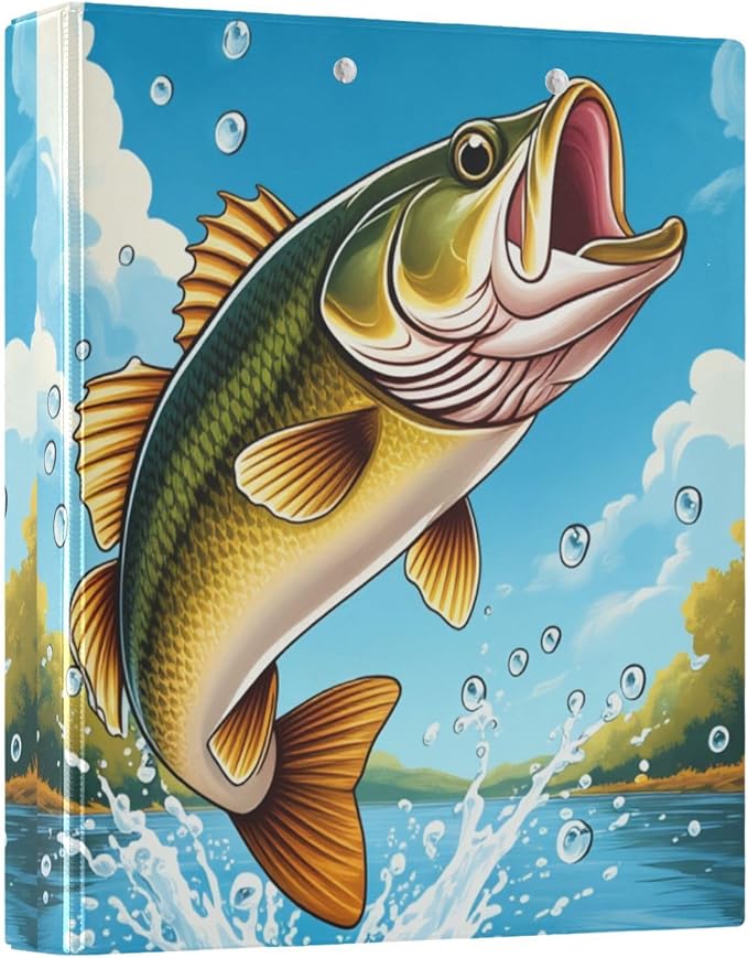 Aslsiy Kids 3 Ring Binder 1.5 Inch Open Mouthed Bass Fish Jumping (3) Girls Round Clipboard Binder Decorative Harcover Binders Organizer for Office School Supply