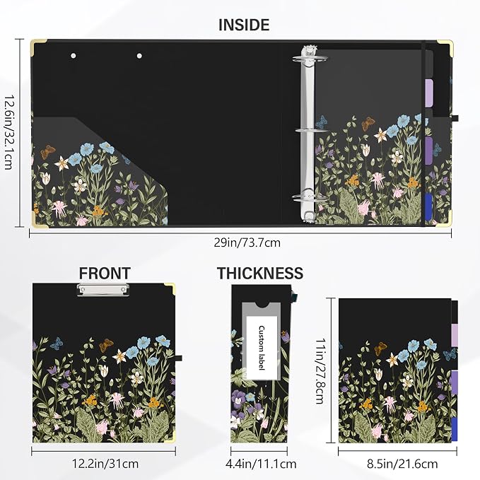 3 Ring Binder 3 Inch Round Ring Binder with 6 Tab Dividers，2 Interior Pockets，Cute Binder Clipboard with Storage, for School Office, Portfolio Organizer with Labels(Wild Flowers)
