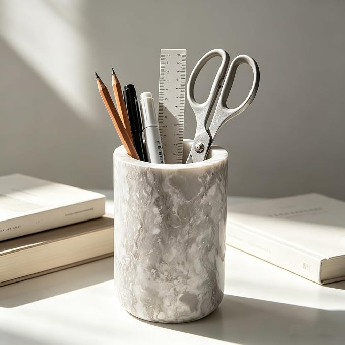 Natural Marble Pen Holder Minimalist Desk Stationery Organizer | Premium natural marble material, Solid heavy-duty,Dual use for stationery & makeup brushes, Stable base,Portable size