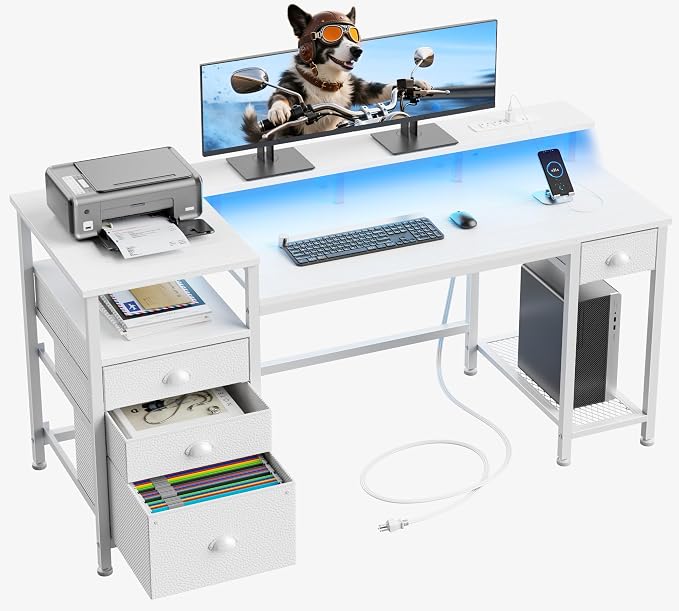 Furologee 60" White Computer Desk with 4 Drawers, Power Outlet, LED Lights | Home Office Desk with Full Monitor Stand,Storage Shelves, 4 File Drawers Cabinet ,Printer Space for Study Working Bedroom