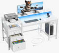 Furologee 60" White Computer Desk with 4 Drawers, Power Outlet, LED Lights | Home Office Desk with Full Monitor Stand,Storage Shelves, 4 File Drawers Cabinet ,Printer Space for Study Working Bedroom